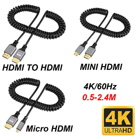 4K@60HZ 0.5-2.4M Compatible HDMI TO HDMI/MINI HDMI/ Micro HDMI/Coiled Extension Flexible Spiral Cable Male to Male Plug Cable