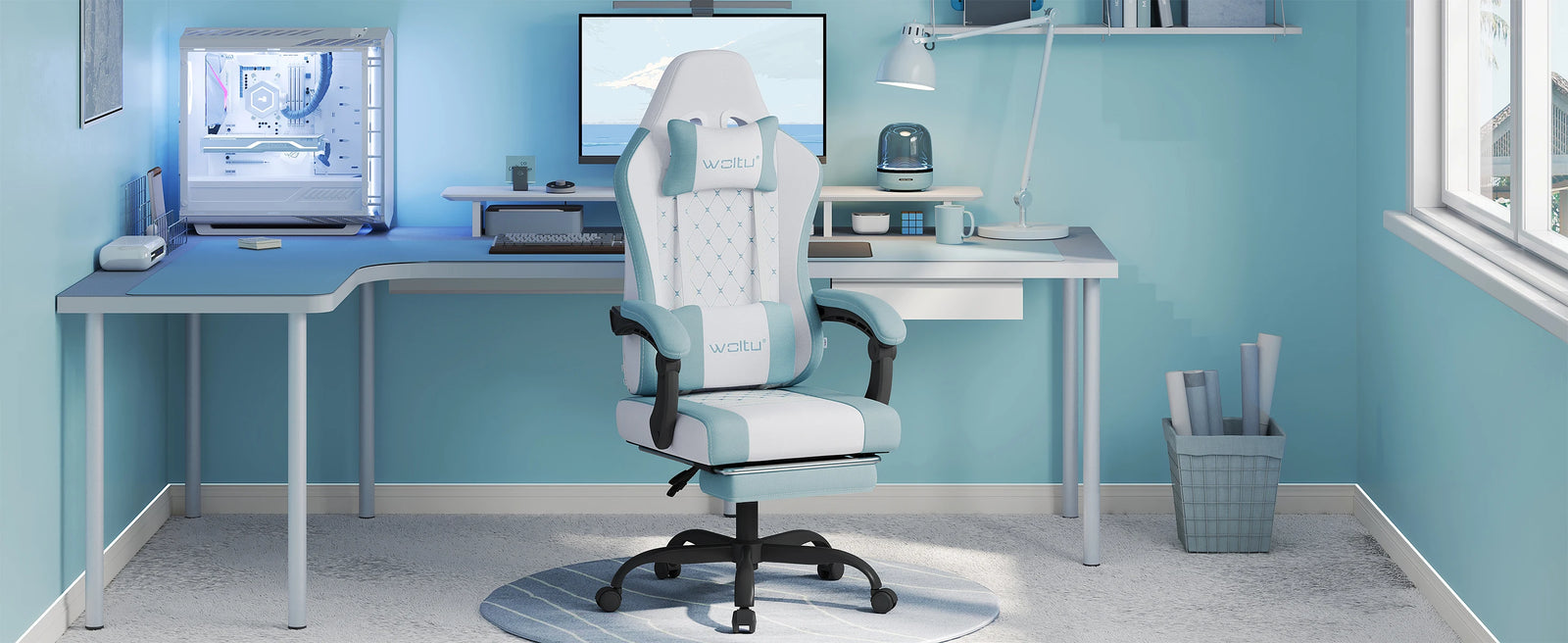 WOLTU Massage Gaming Chair Ergonomic Swivel Computer Gamer Office Chair with Pillow Footrest Adjustable Headrest Lumbar Support