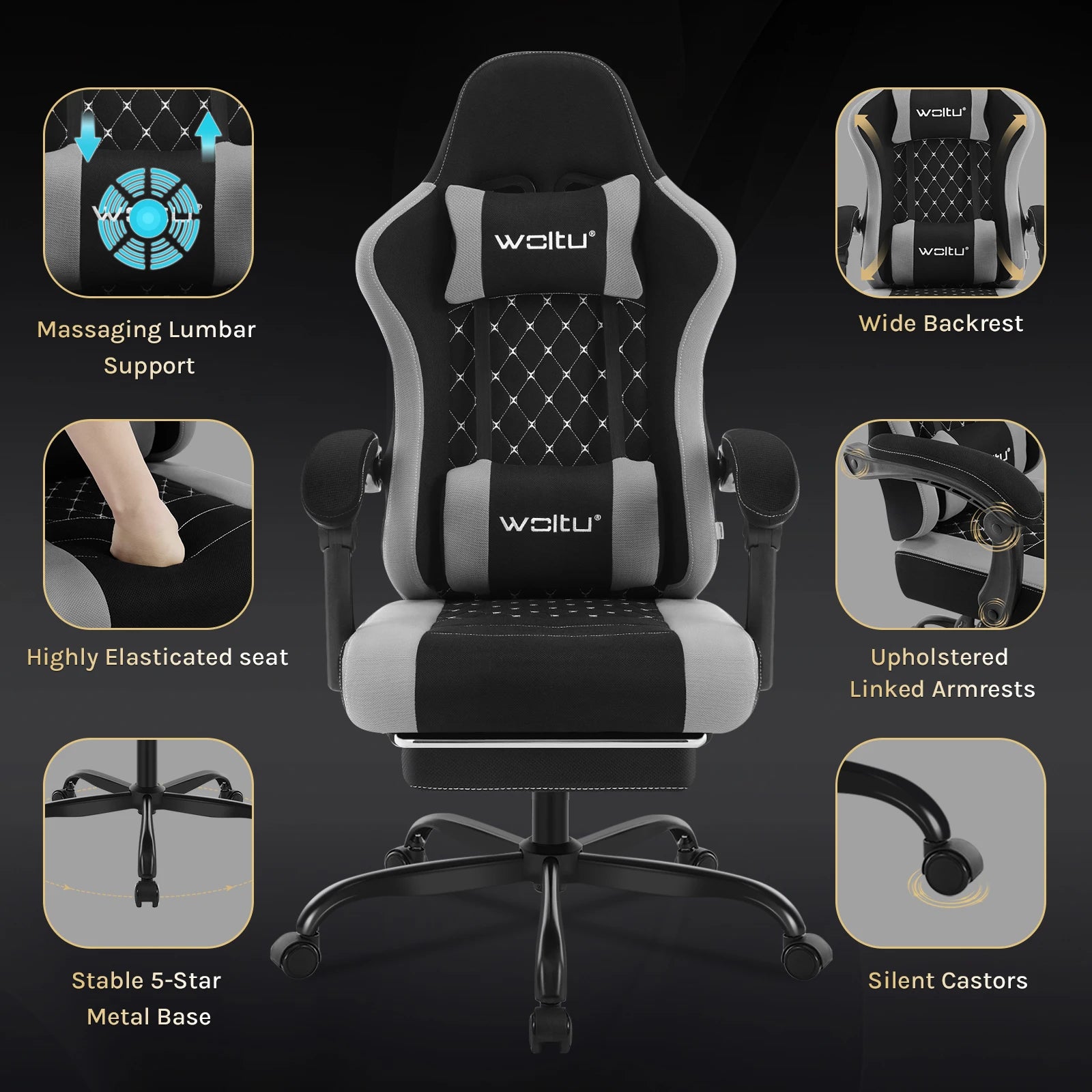 WOLTU Massage Gaming Chair Ergonomic Swivel Computer Gamer Office Chair with Pillow Footrest Adjustable Headrest Lumbar Support