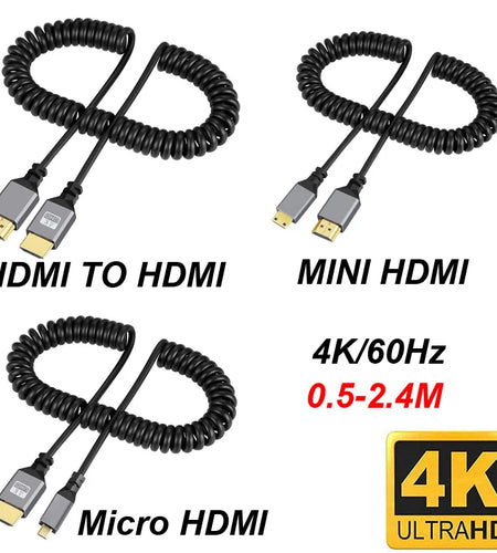 4K@60HZ 0.5-2.4M Compatible HDMI TO HDMI/MINI HDMI/ Micro HDMI/Coiled Extension Flexible Spiral   Cable Male to Male Plug Cable