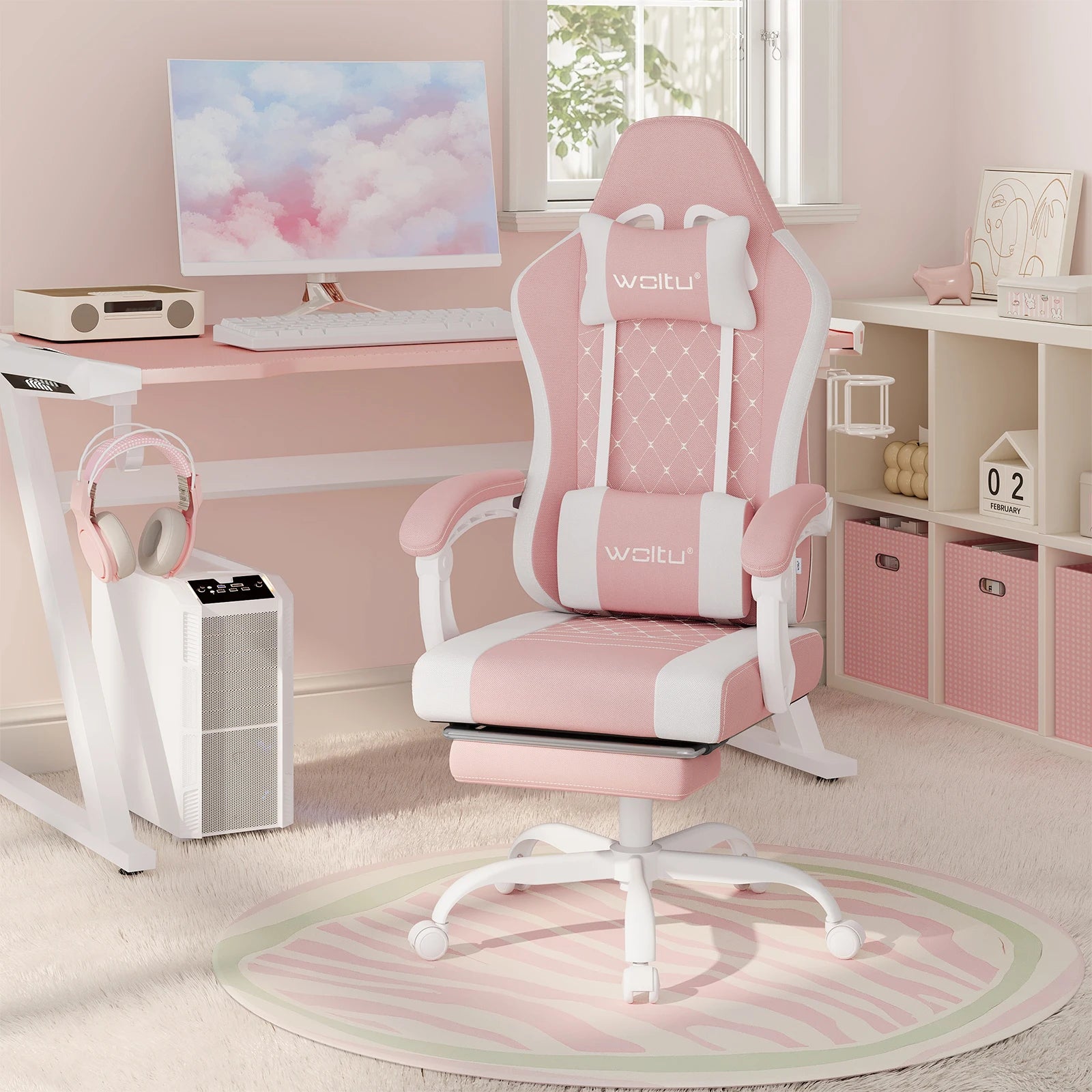 WOLTU Massage Gaming Chair Ergonomic Swivel Computer Gamer Office Chair with Pillow Footrest Adjustable Headrest Lumbar Support
