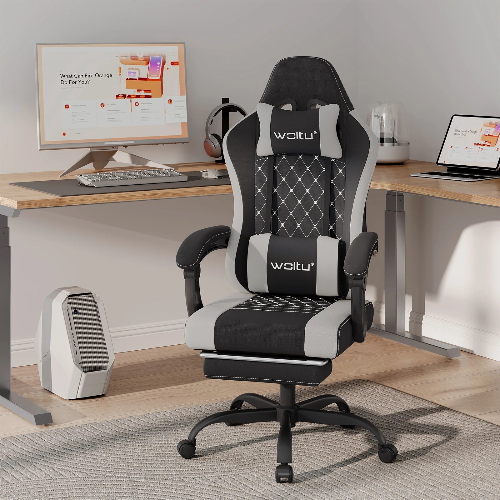 WOLTU Massage Gaming Chair Ergonomic Swivel Computer Gamer Office Chair with Pillow Footrest Adjustable Headrest Lumbar Support