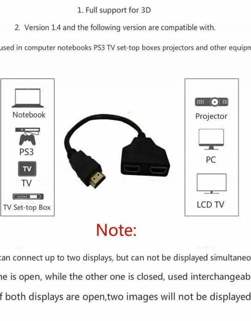 Load image into Gallery viewer, 1080P HD HDMI Splitter 1 in 2 out Male to Female Adapter for Laptop TV Box Monitor HDTV Dual Port Cable Device
