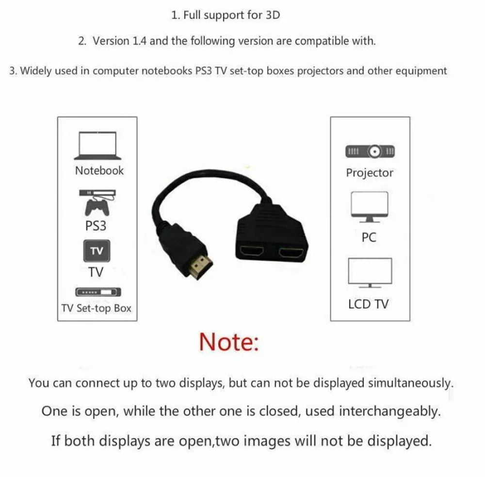 1080P HD HDMI Splitter 1 in 2 out Male to Female Adapter for Laptop TV Box Monitor HDTV Dual Port Cable Device
