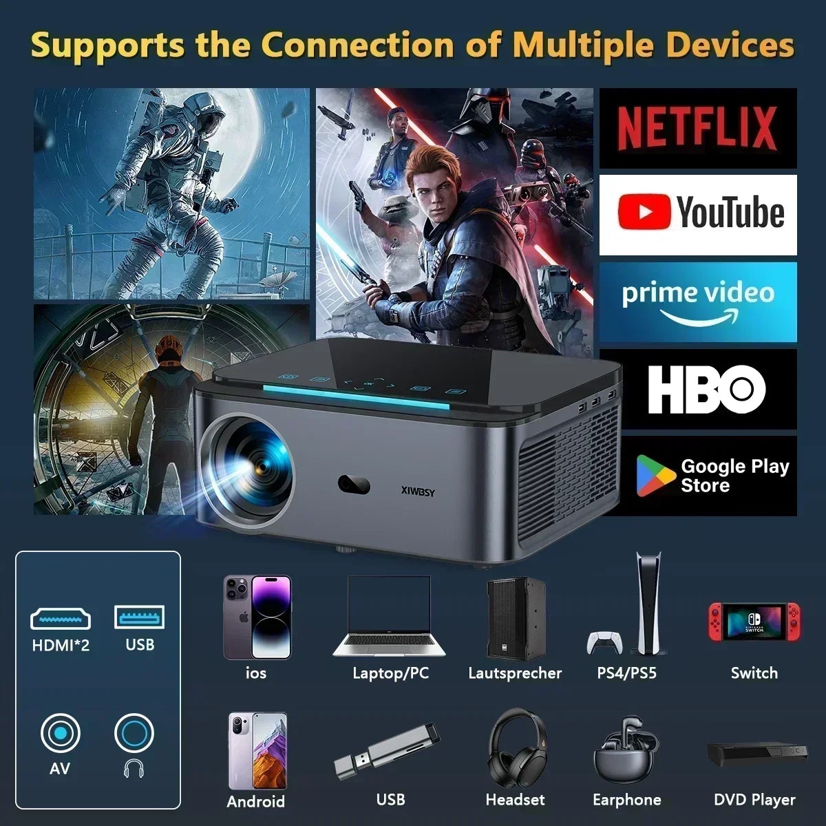 800 Bright Lumens Android Projector HD WiFi6 Bluetooth 5.1