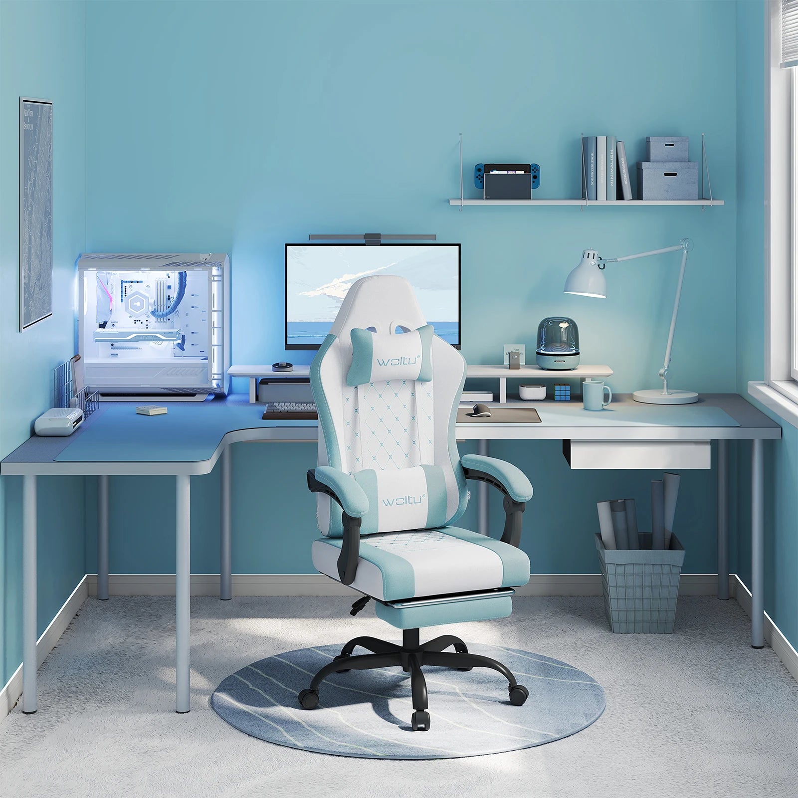 WOLTU Massage Gaming Chair Ergonomic Swivel Computer Gamer Office Chair with Pillow Footrest Adjustable Headrest Lumbar Support