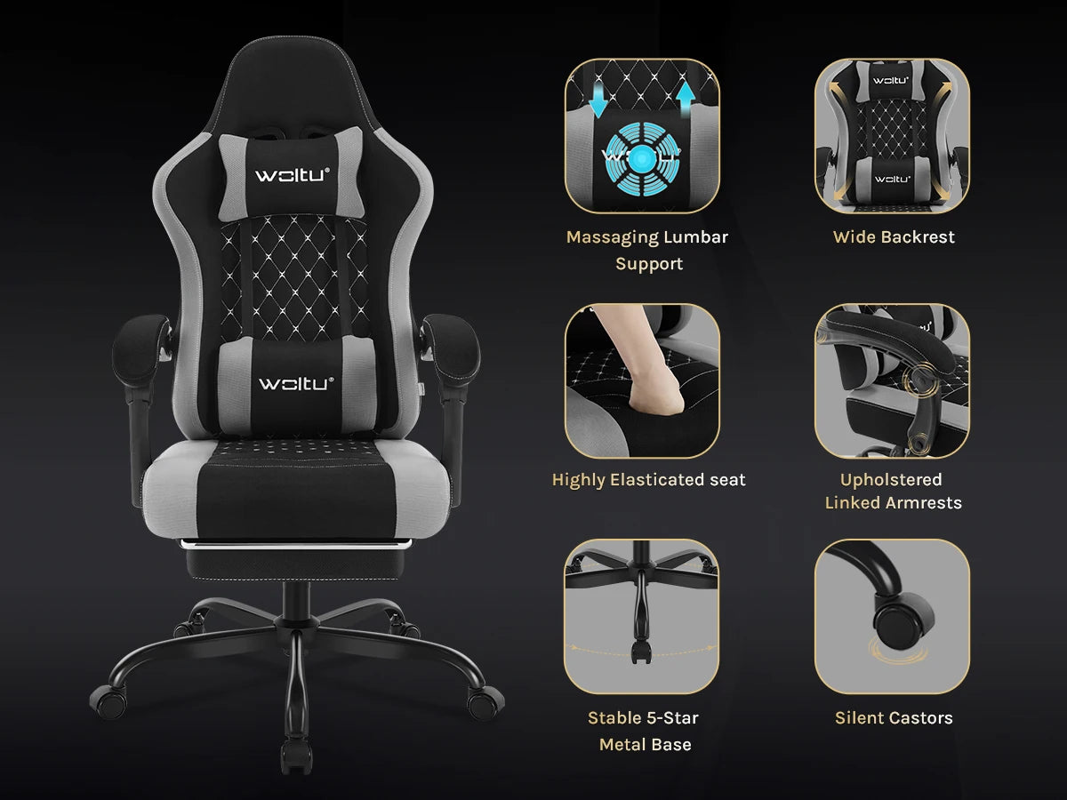 WOLTU Massage Gaming Chair Ergonomic Swivel Computer Gamer Office Chair with Pillow Footrest Adjustable Headrest Lumbar Support