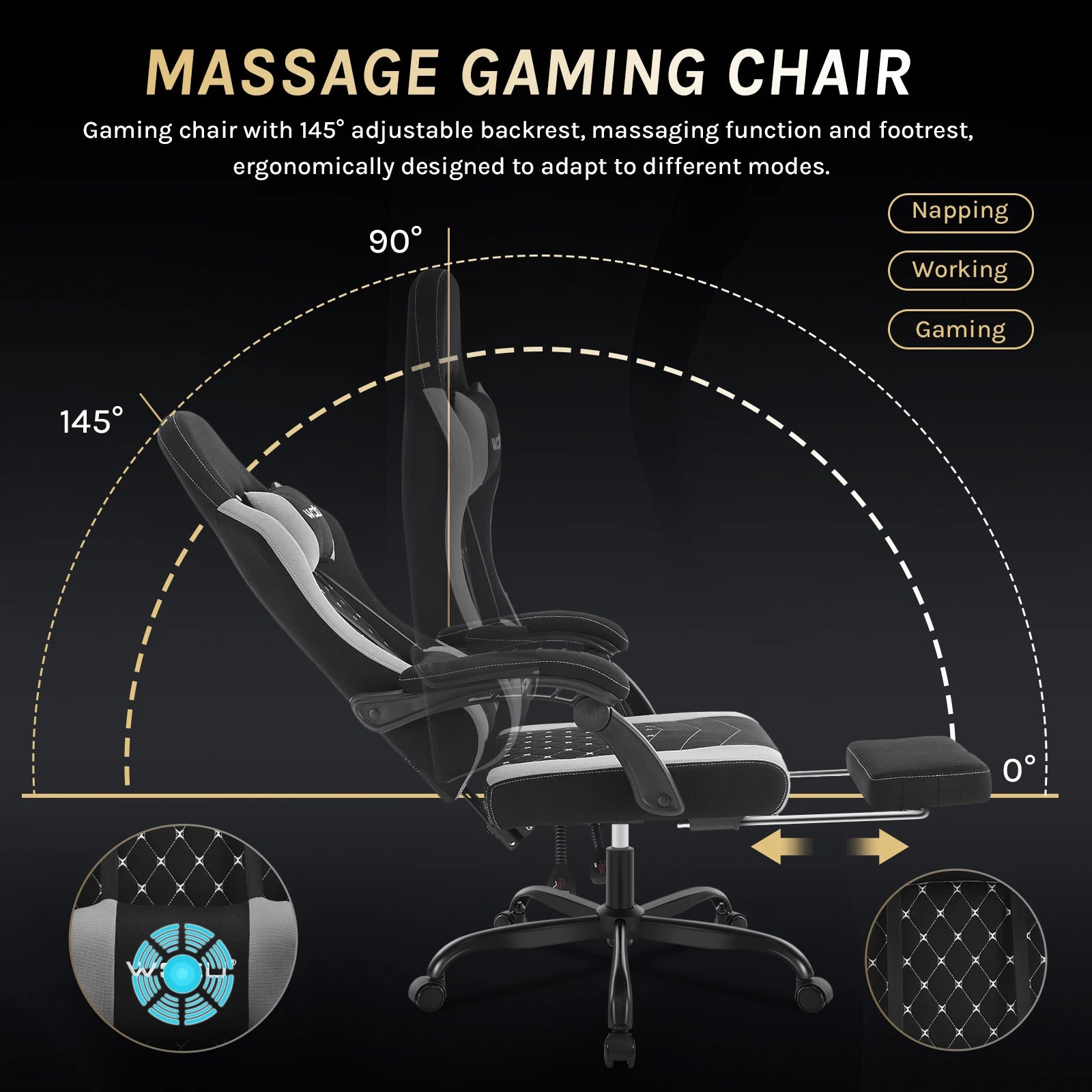 WOLTU Massage Gaming Chair Ergonomic Swivel Computer Gamer Office Chair with Pillow Footrest Adjustable Headrest Lumbar Support