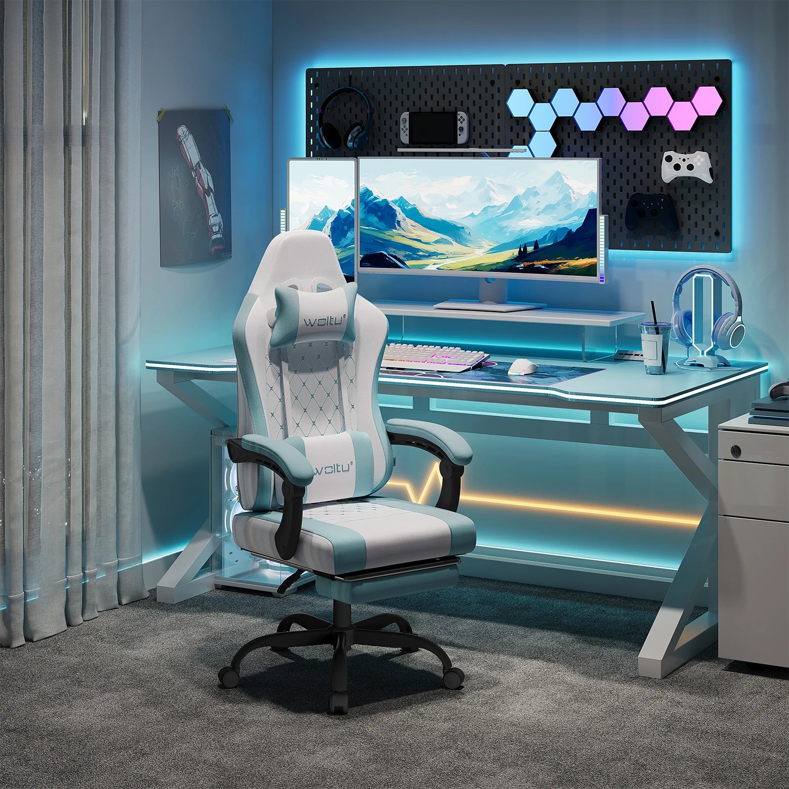 WOLTU Massage Gaming Chair Ergonomic Swivel Computer Gamer Office Chair with Pillow Footrest Adjustable Headrest Lumbar Support