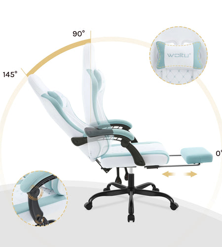WOLTU Massage Gaming Chair Ergonomic Swivel Computer Gamer Office Chair with Pillow Footrest Adjustable Headrest Lumbar Support