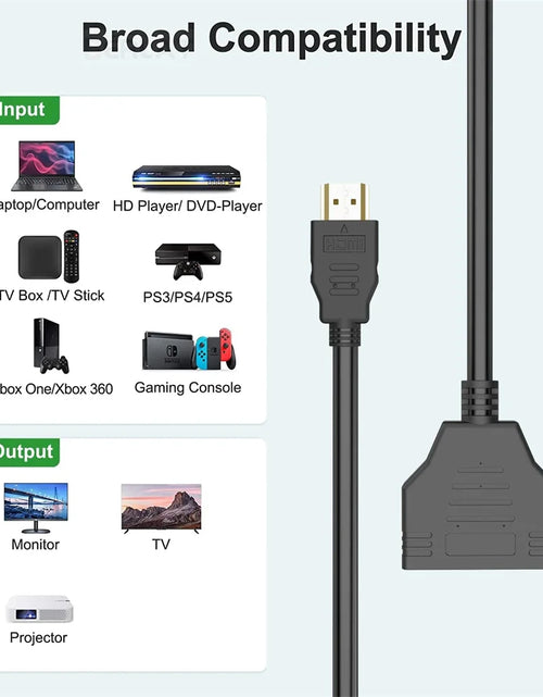 Load image into Gallery viewer, 1080P HD HDMI Splitter 1 in 2 out Male to Female Adapter for Laptop TV Box Monitor HDTV Dual Port Cable Device
