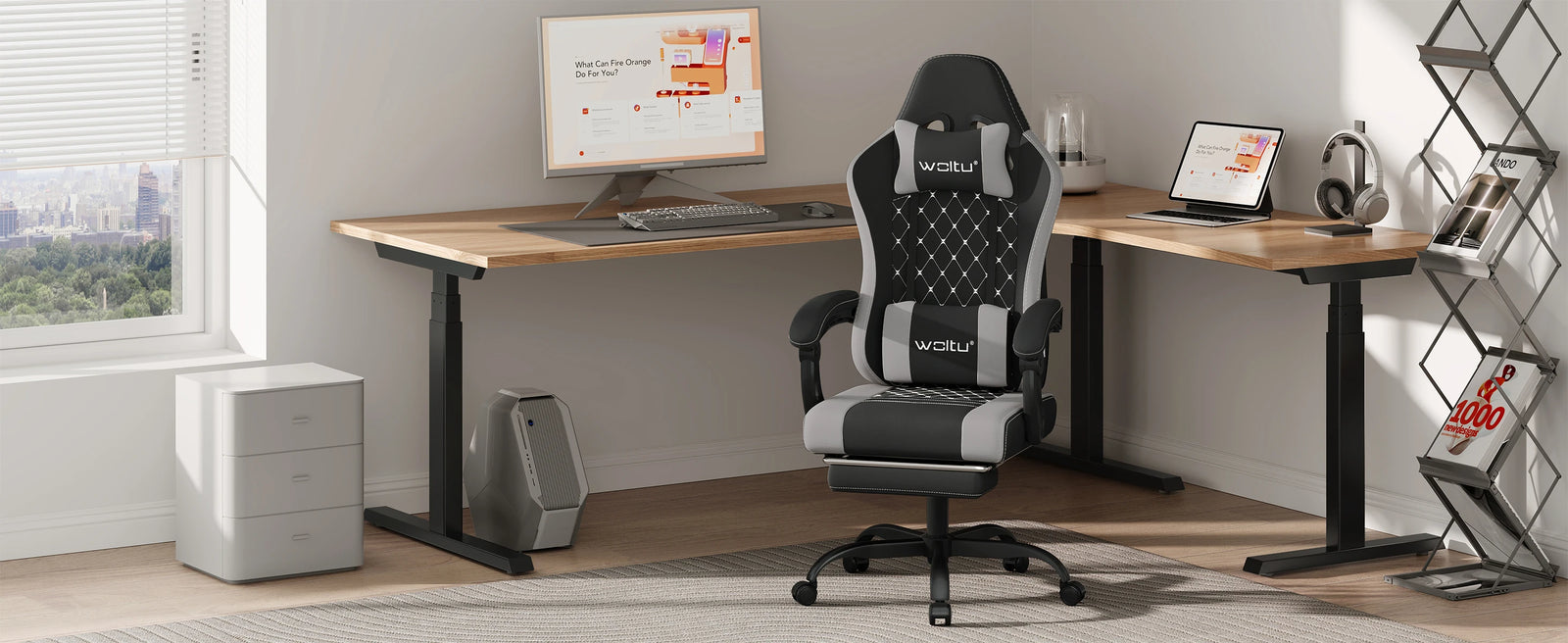 WOLTU Massage Gaming Chair Ergonomic Swivel Computer Gamer Office Chair with Pillow Footrest Adjustable Headrest Lumbar Support