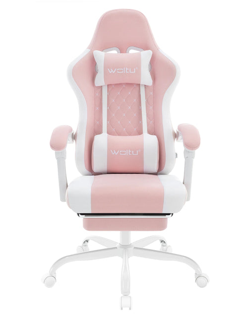 Load image into Gallery viewer, Pink and white gaming chair with &#39;Woliu&#39; branding on a white background
