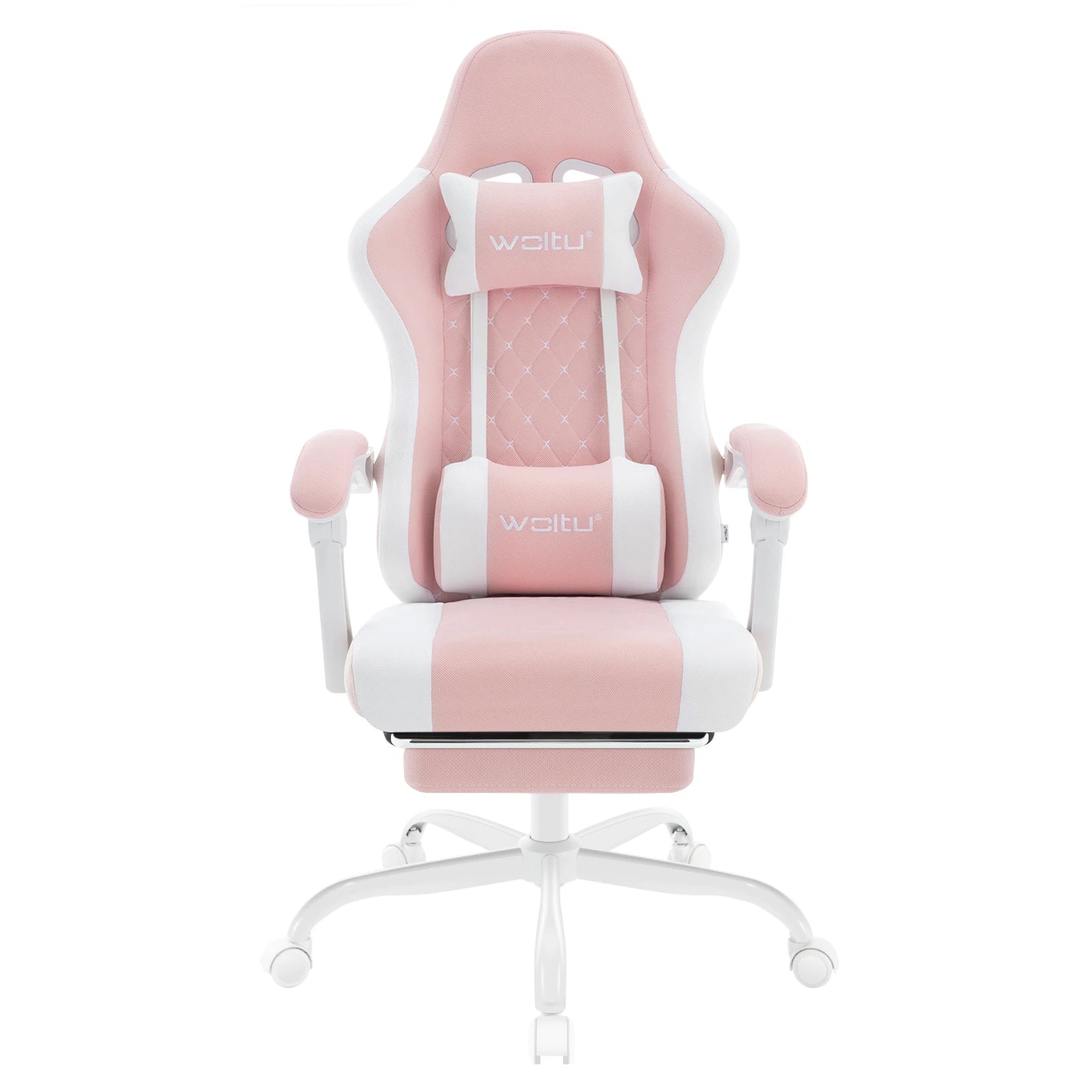 Pink and white gaming chair with 'Woliu' branding on a white background